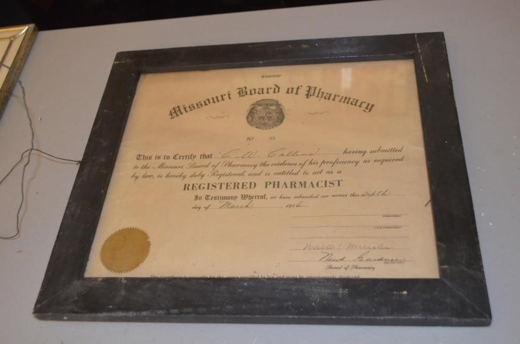 Missouri Board of Pharmacy Certificate 14x16"