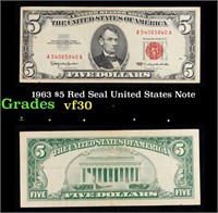 1963 $5 Red Seal United States Note Grades vf++