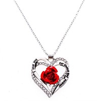 Silver Heart Necklace w/ Red Rose - Inscribed "I