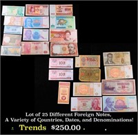 Lot of 25 Different Foreign Notes, A Variety of Co