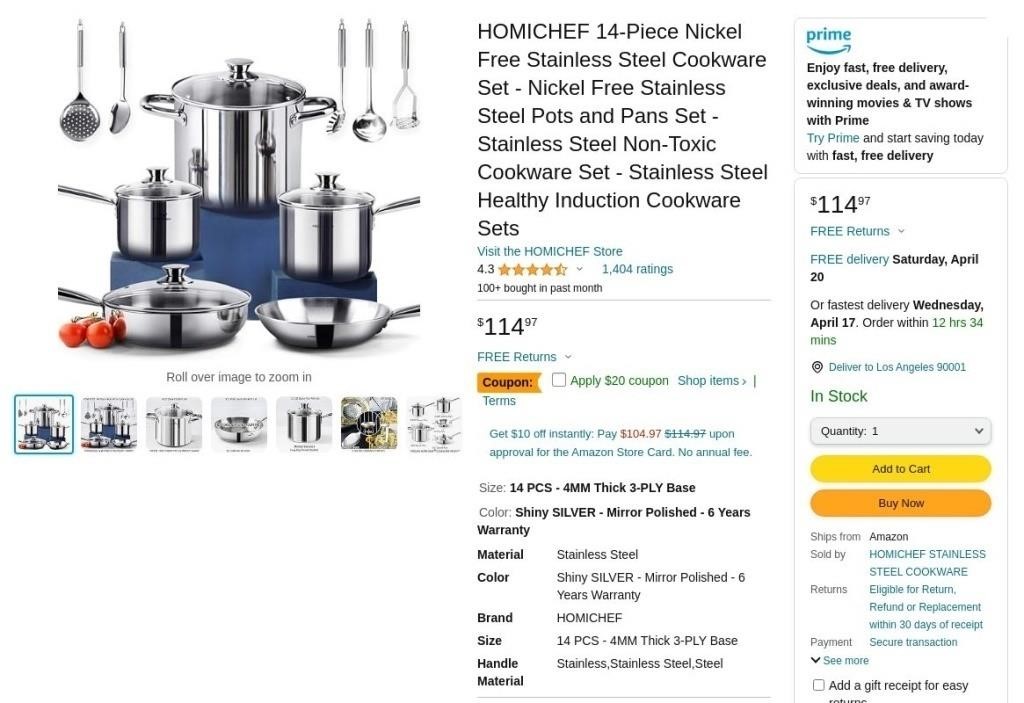 B8405  HOMICHEF Stainless Cookware Set 14 PCS