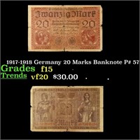 1917-1918 Germany 20 Marks Banknote P# 57 Grades f