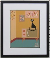 MID CENTURY CAT ON TV SIGNED GICLEE BY IVY LOWE