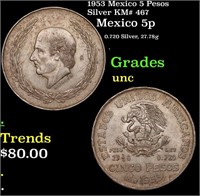 1953 Mexico 5 Pesos Silver KM# 467 Grades Brillian