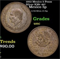 1952 Mexico 5 Pesos Silver KM# 467 Grades Brillian