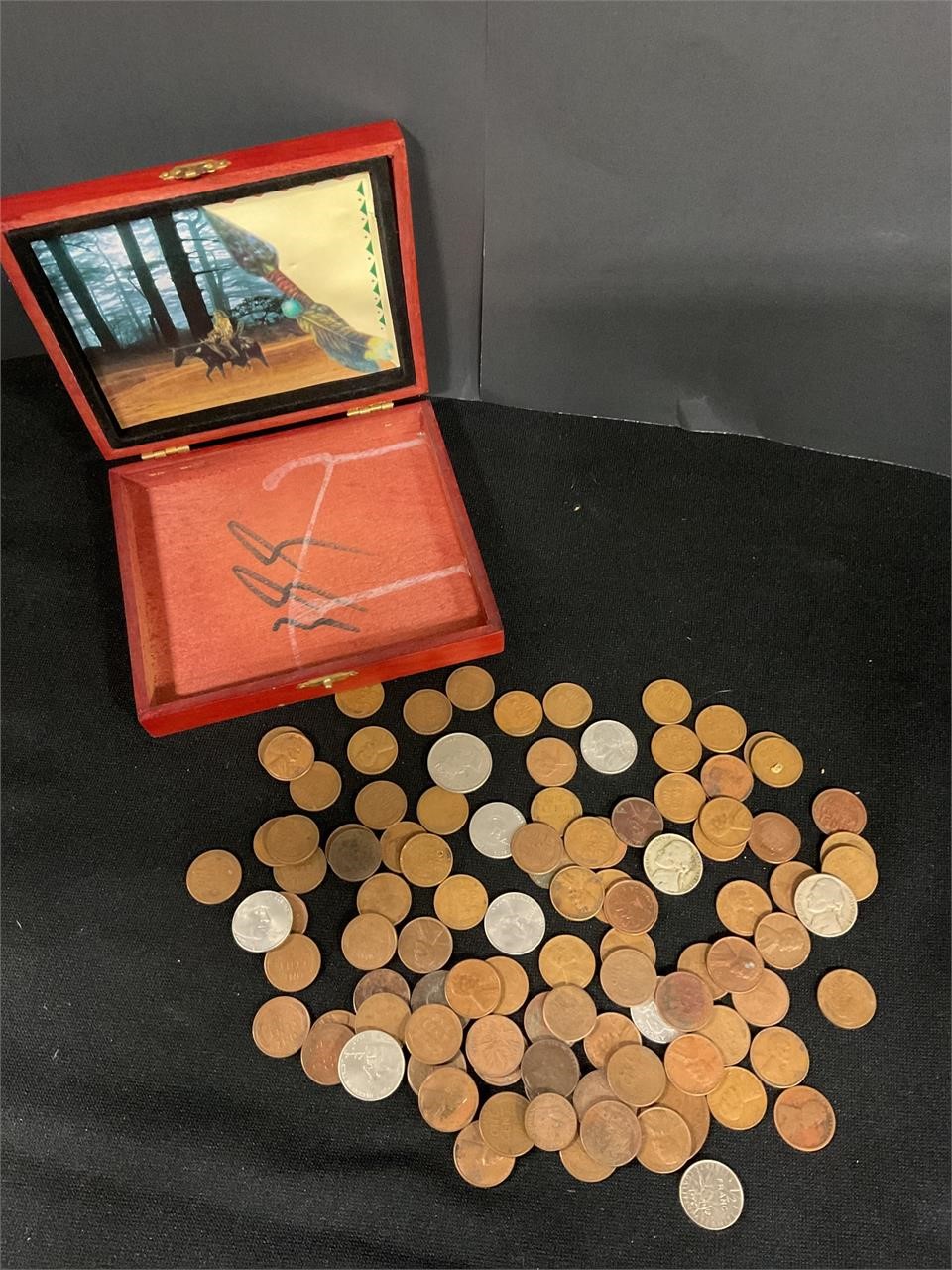 Box of wheat Pennies and coins