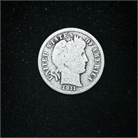 1911-D 90% SILVER BARBER 10C DIME COIN