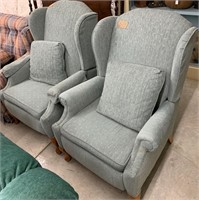 Pair Green Upholstered Wing Back Recliners