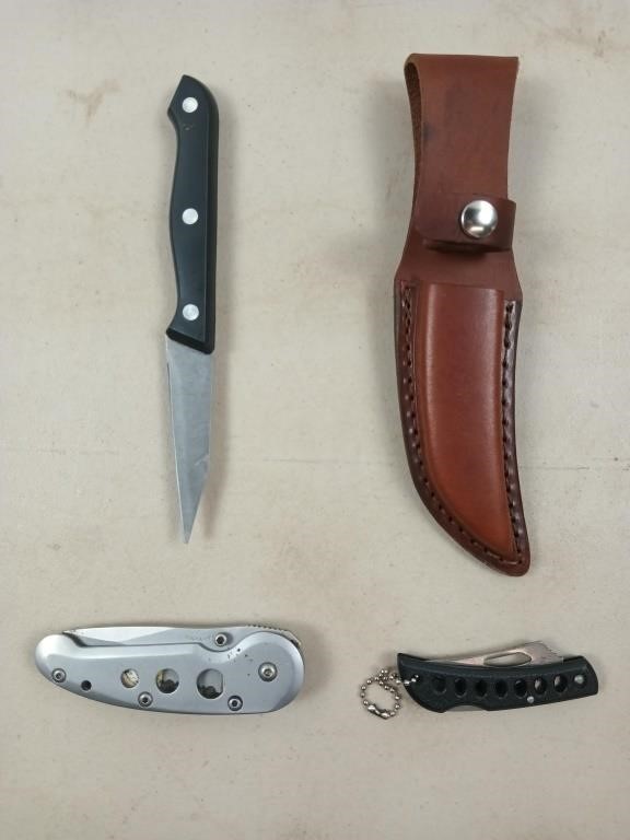 2 folding knives 2-3", leather knife holster,