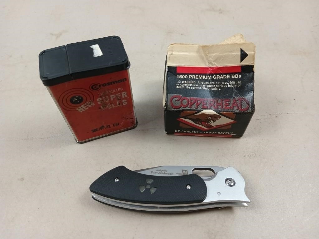 Pellets, partial box of bb's, folding knife 3.5"