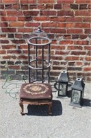 Decor-Birdcage, Antique French stool, lanterns