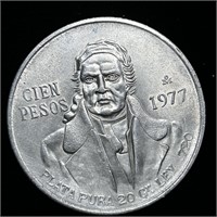 1977 NEAR UNC MEXICAN SILVER CIEN PESOS COIN