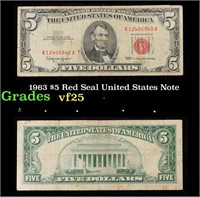 1963 $5 Red Seal United States Note Grades vf+