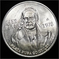 UNCIRCULATED 1978 MEXICAN SILVER CIEN PESOS COIN