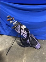 Purple golf bag with miscellaneous woods and