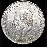 1957 UNC 72% SILVER MEXICAN CINCO PESOS COIN