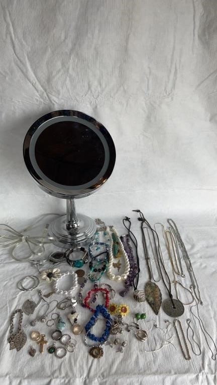BRASS COMPASS, ASSORTED JEWELRY, AND MAKEUP MIRROR