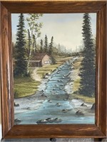 Framed Cabin by Stream Oil on Canvas