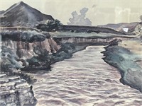 Signed Watercolor
 of River Landscape
