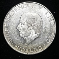 1955 NEAR UNC MEXICAN 72% SILVER CINCO PESOS COIN