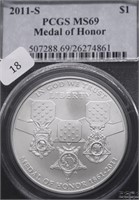 2011 S PCGS MS69 MEDAL OF HONOR SILVER DOLLAR