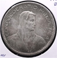 1923 SWITZERLAND SILVER 5 FRANCS XF