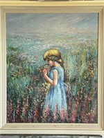 Impressionist Oil on Canvas Girl in the Flowers