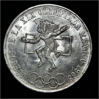 HIGH MS 1968 MEXICAN OLYMPICS 25 PESOS 72% SILVER