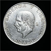 UNC 1956 72% SILVER MEXICAN CINCO PESOS COIN