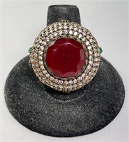 Sterling Statement Ring Carnelian/CZ/Emerald 19 Gr