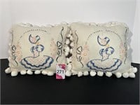 (2) Embroidered Pillows 11"W x 10" H