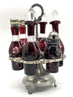 Antique Ruby Cut to Clear Glass Cruet and Shaker