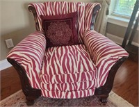 STRIPED UPHOLSTERED ARM CHAIR CARVED FRONT