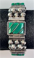 Vintage Sterling Carved Green Onyx Bracelet 43 Gr