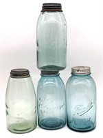 (4) Blue Glass Ball Jars with Lids 9.25”