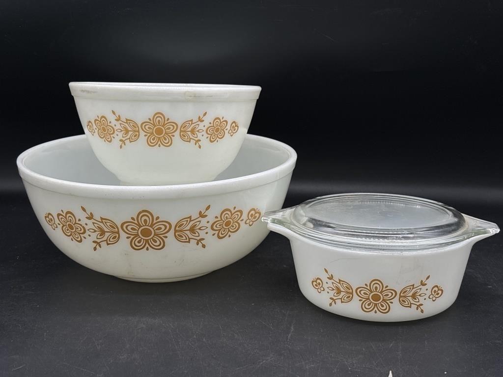 Pyrex Gold Butterfly Mixing Bowls and Lidded Dish