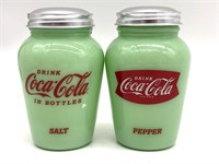 Jadeite Coca-Cola Salt and Pepper Shakers 4.5”