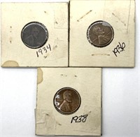 (3) Wheat Cents : 1934. 1936, and 1938