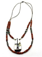 Red Coral Stone Beaded Necklace with Pendant 22”