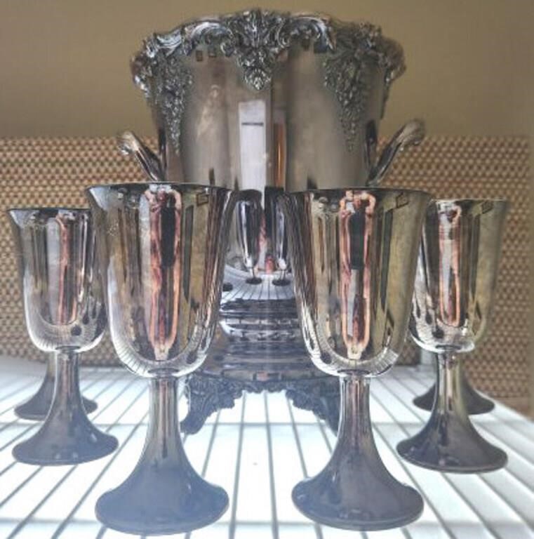SILVER PLATED ICE BUCKET AND GOBLETS