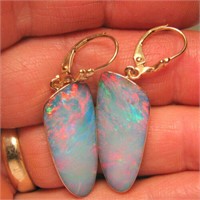 Oval White Fire Opal Ear Hook Drop Earrings