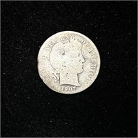 1907 90% SILVER BARBER DIME 10C COIN