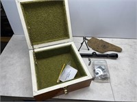 Wooden box c/w leather pistol pouch, Bushnell