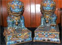 A PAIR OF CHINESE CLOISONNE ENAMEL BUDDHIST LIONS