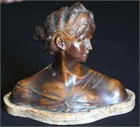 PATINATED METAL BUST OF CLASSICAL MAIDEN ON MARBLE