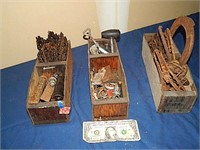 3ct Wooden Containers w/ Tools, Horse Shoes & More