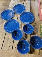 Blue Enamel Plates and Bowls