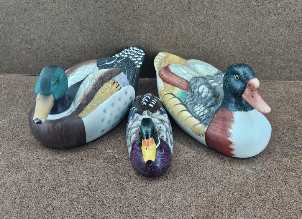 2 Ceramic Ducks & 1 Wooden Duck  Figurines