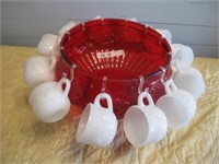 RUBY/MILK GLASS PUNCH BOWL SET 12 CUPS