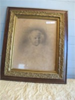 ANTIQUE OAK FRAME 25"X31" PICTURE OF BABY BOY